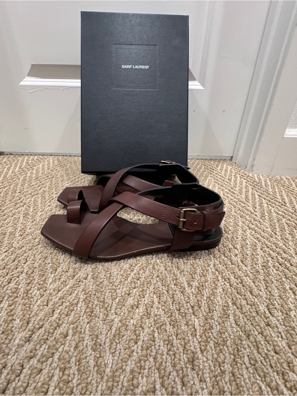 Saint Laurent Hiandra Brown Leather Gladiator Flat Sandals 38.5 EU w/ Box - Picture 3 of 9